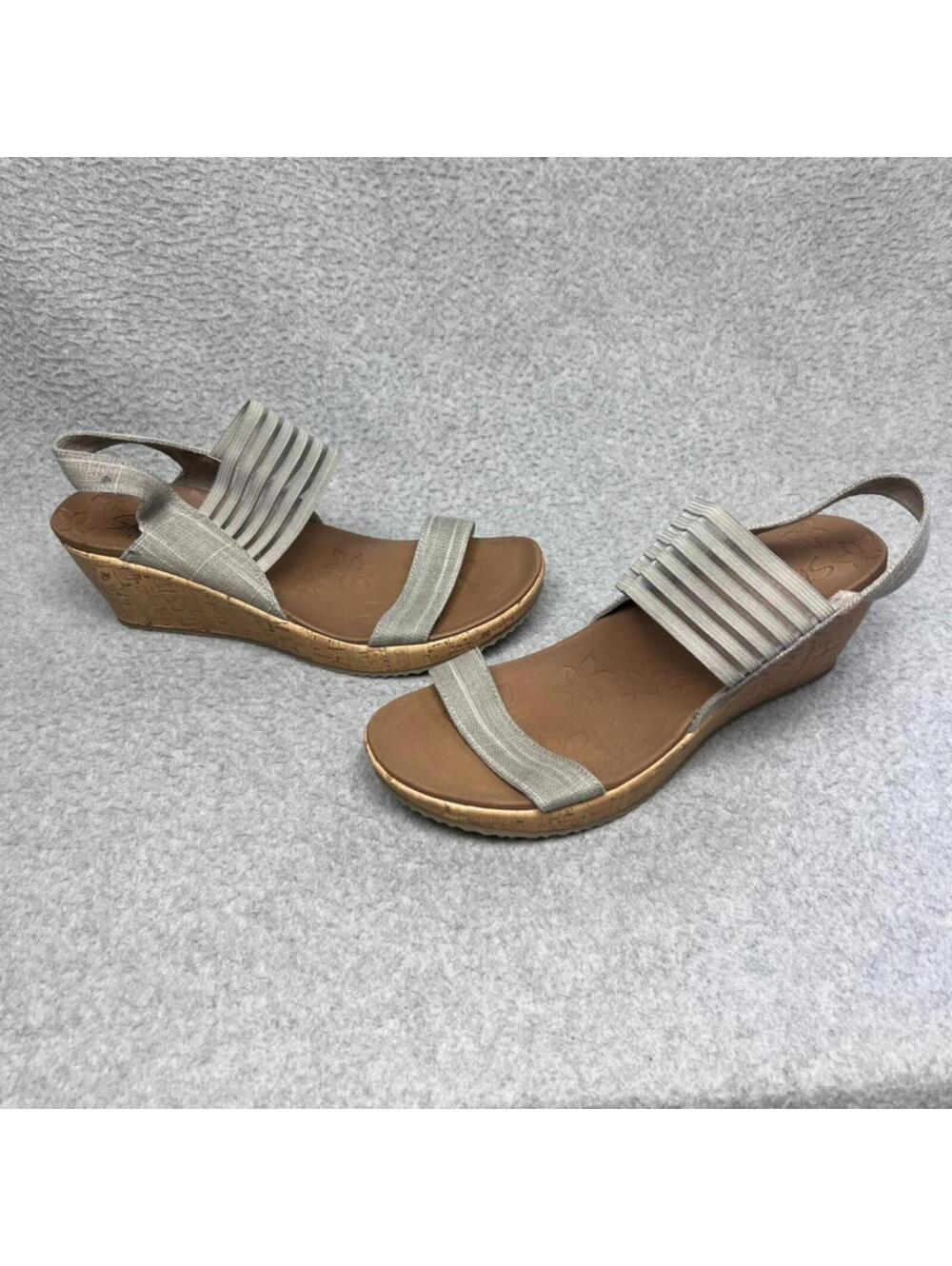 Skechers Cali Beverlee Smitten Kitten 10US Taupe Cork Wedge Sandals Luxe Foam
